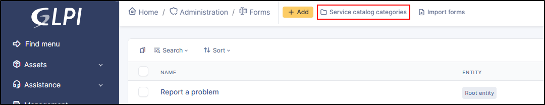 Service catalog categories button